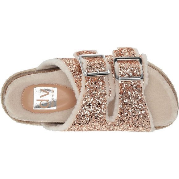 DV BY DOLCE VITA Carlina Rose Gold Glitter Faux Fur-Lined Espadrille Slides - Picture 5 of 6